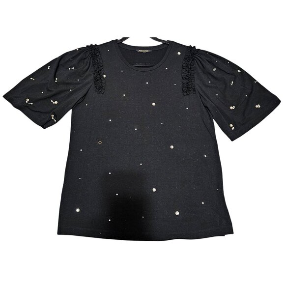 Kobi Halperin Black Embellished Top With Ruffle Sleeves & Pearl Accents S - Picture 6 of 9